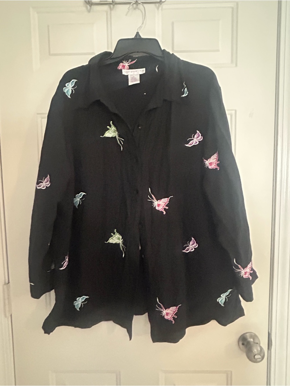 Susan Graver Black Button-Front Shirt with Pastel Butterfly Embroidery